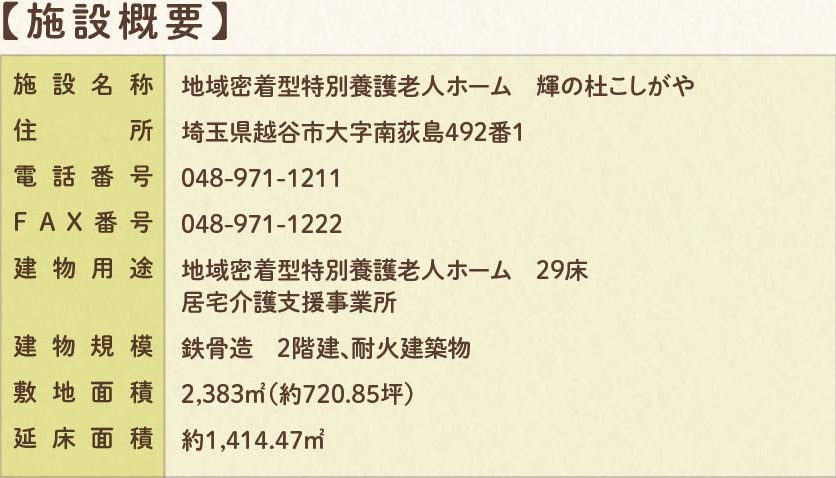施設名称,地域密着型特別養護老人ホーム,輝きの杜こしがや,住所,埼玉県越谷市大字南萩島492-1,29床,鉄骨造2階建て,耐火構造